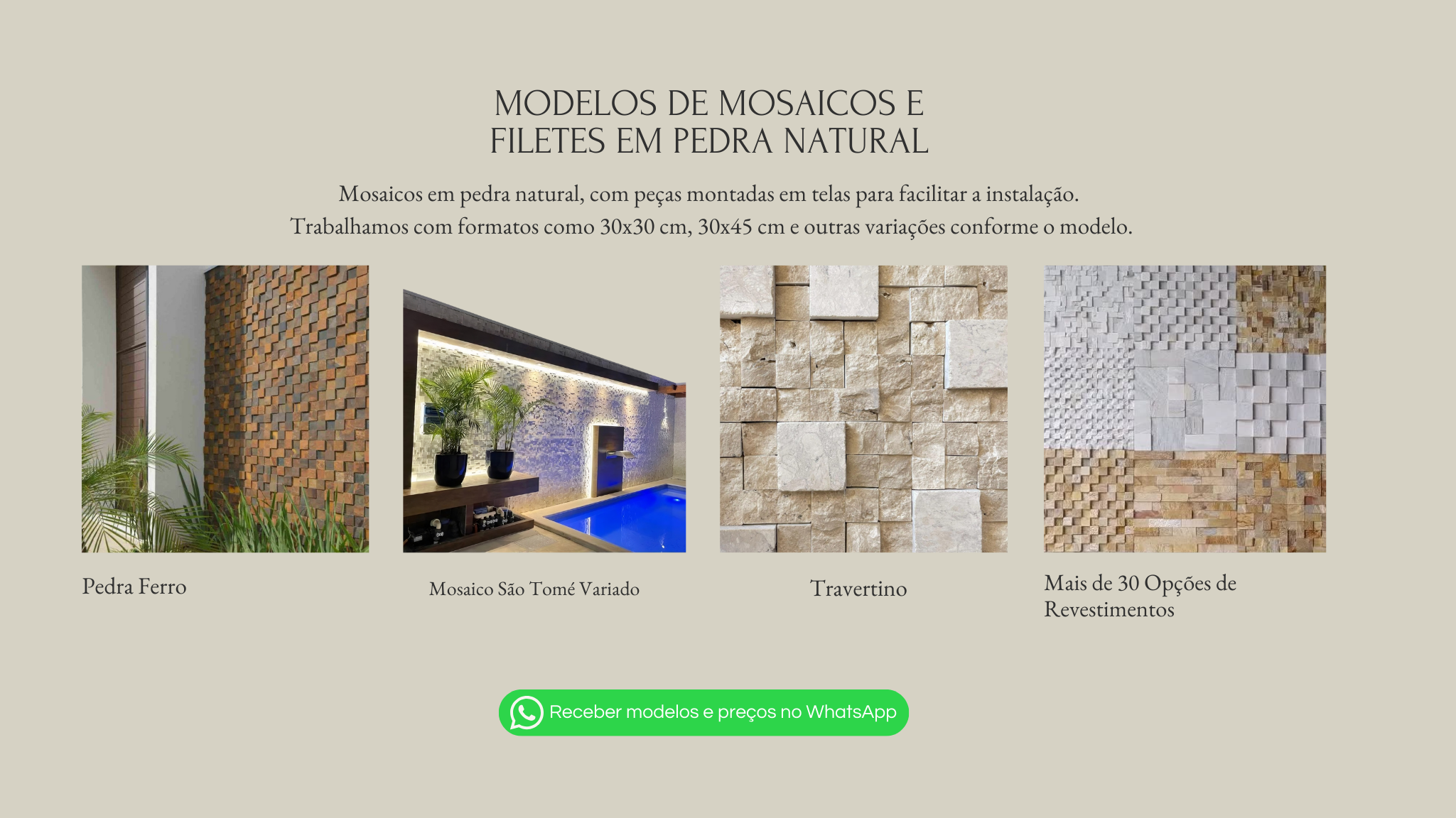 Mosaicos em pedra natural, com peças montadas em telas para facilitar a instalação. Trabalhamos com formatos como 30x30 cm, 30x45 cm e outras variações conforme o modelo.Modelos de Mosaicos e Filetes em Pedra Natural